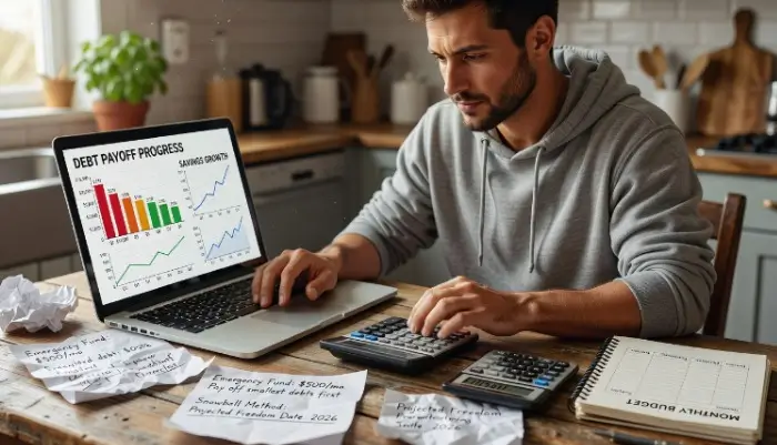 Person reviewing budget and debt payoff plan on laptop with calculator and notes, representing financial recovery and wealth building