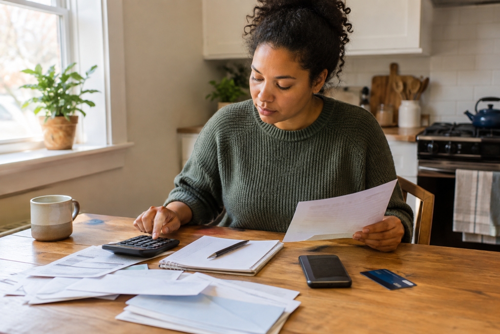 Person reviewing household bills and a budget at a kitchen table