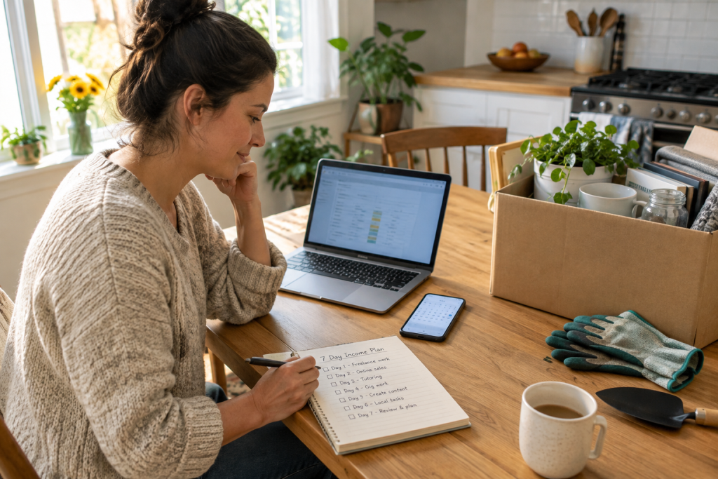 Person organizing household items, work gloves, and a weekly plan at a kitchen table